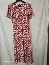 MINKPINK L Women's Red White Floral Short Sleeve V-Neck Long Dress