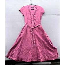 Laura Ashley Dress Womens 8 Purple Linen Midi Ruffle V-Neck Belted Short Sleeve