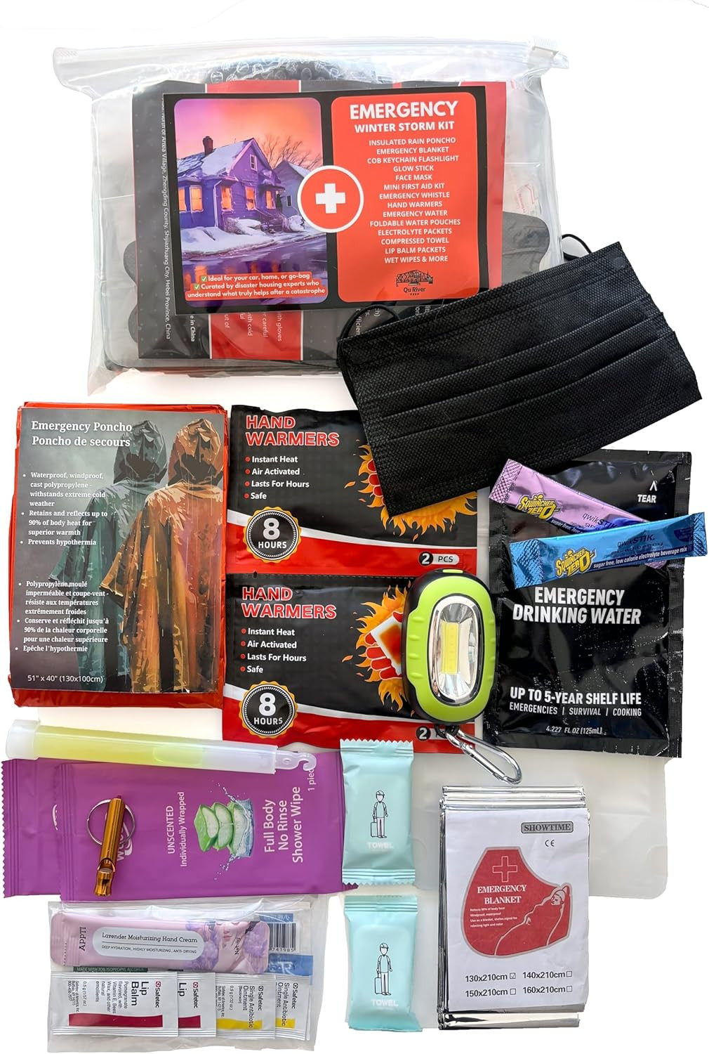 Winter Storm Emergency Kit, Cob Keychain Light, Rain Poncho, Blanket, Mini Aid