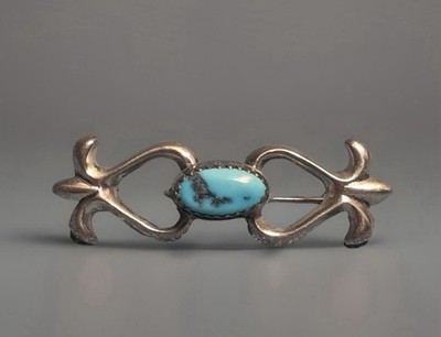 Vintage Navajo Native Turquoise Sandcast Sterling Silver Brooch Pin #1