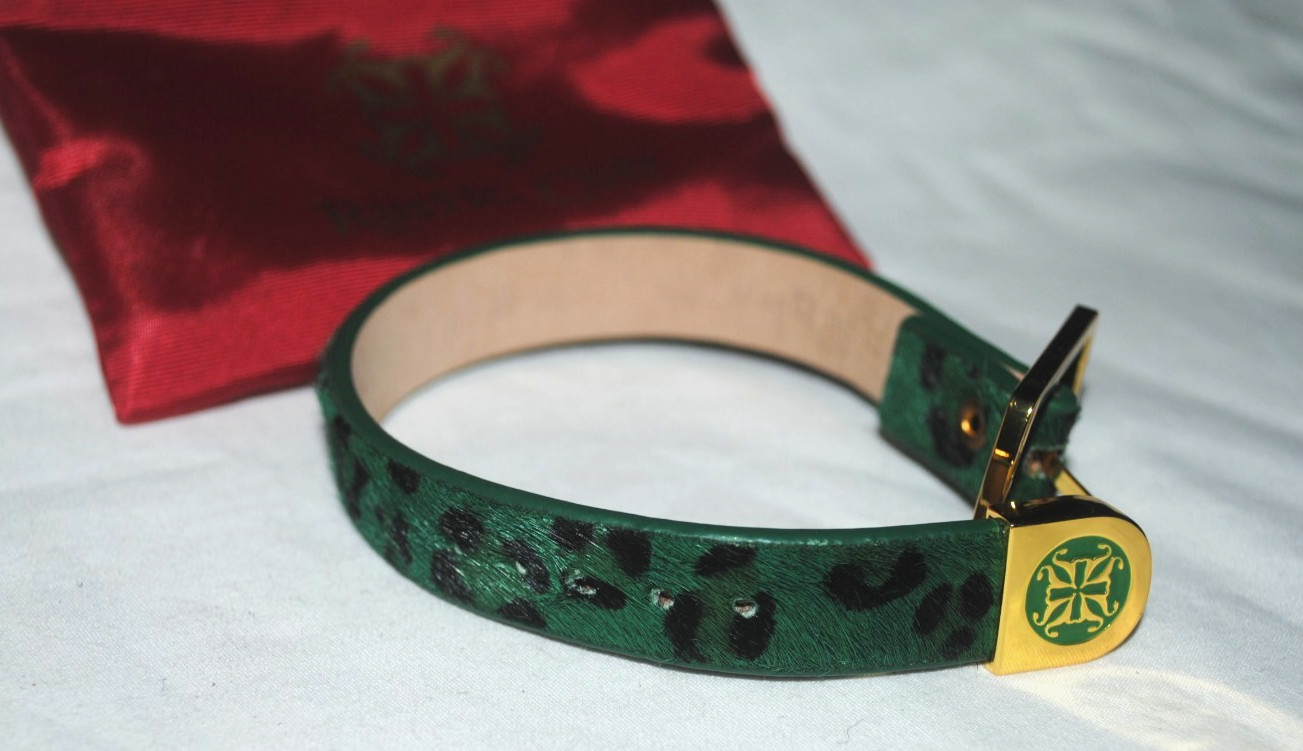 Rustic Cuff bracelet, leather, green leopard patt… - image 3