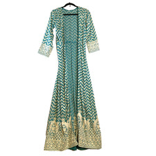 Indian size Small Teal Silver Embroidered Duster Coat Maxi Jacket Chevron Boho