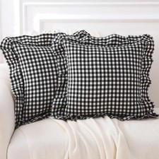 2 Pack Black White Plaid Ruffle Gingham Throw Pillow Covers, 100 Washed Cotton