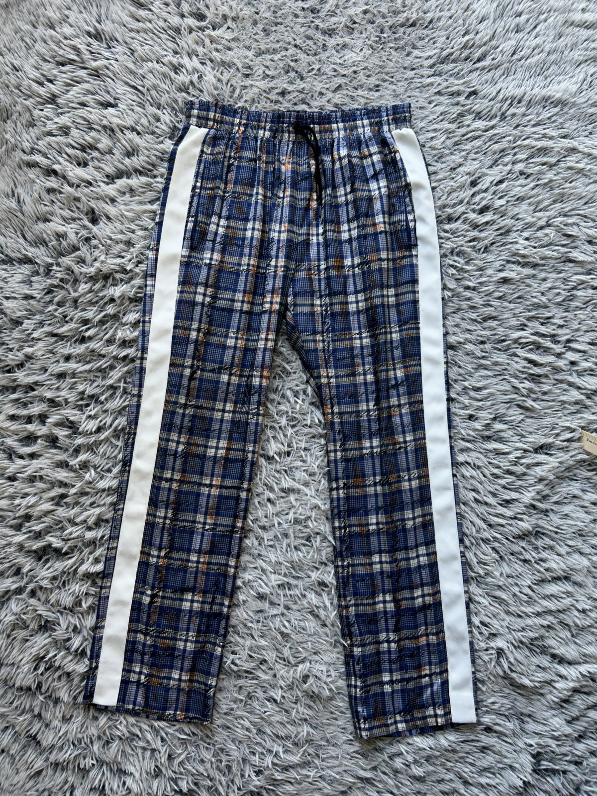 Burberry Pants Womens 6 Blue Silk Scribble Stripe Check Sideline Canvas Trousers