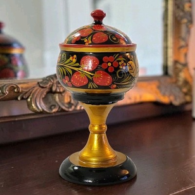 Khokhloma Paper Mache Laquer Goblet W/Lid 7.5''T Хохлома Сахарница Russian EC 