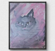 Cat in Pink Colorful Expressive Original Acrylic 11x14 Canvas Painting AM Mai