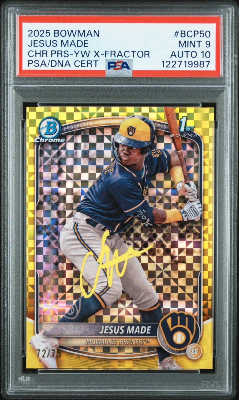 JESUS MADE SIGNED 2025 BOWMAN CHROME 1ST RC YELLOW X-FRACTOR /75 PSA 9 AUTO 10