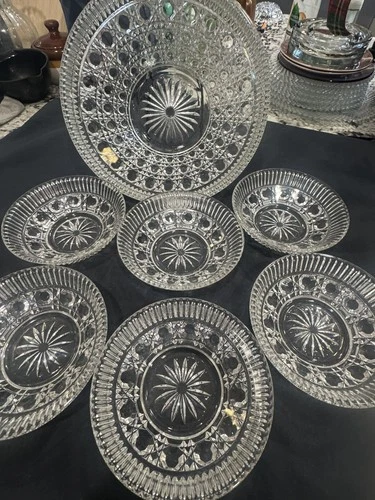 Vintage Federal Glass Windsor Button & Cane Pattern Serving Bowl 10", (6) 5 1/2”