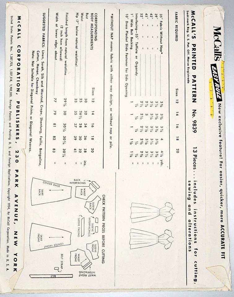 Uncut Vintage 1954 Sewing Pattern McCall's 9839 Misses Fit & Flare ...