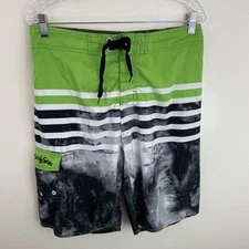 Surf Gear Board Shorts Mens Large 32 Green & Black Tie String Elastic Waist
