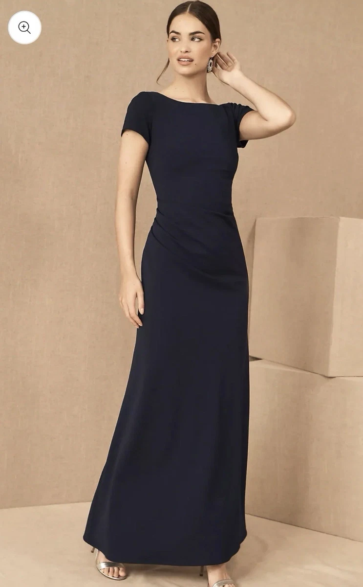 bhldn navy bridesmaid dresses BHLDN Gown Womens Small Navy Diana Chiffon Bridesmaid Dress Shoulder Ruffle Slit