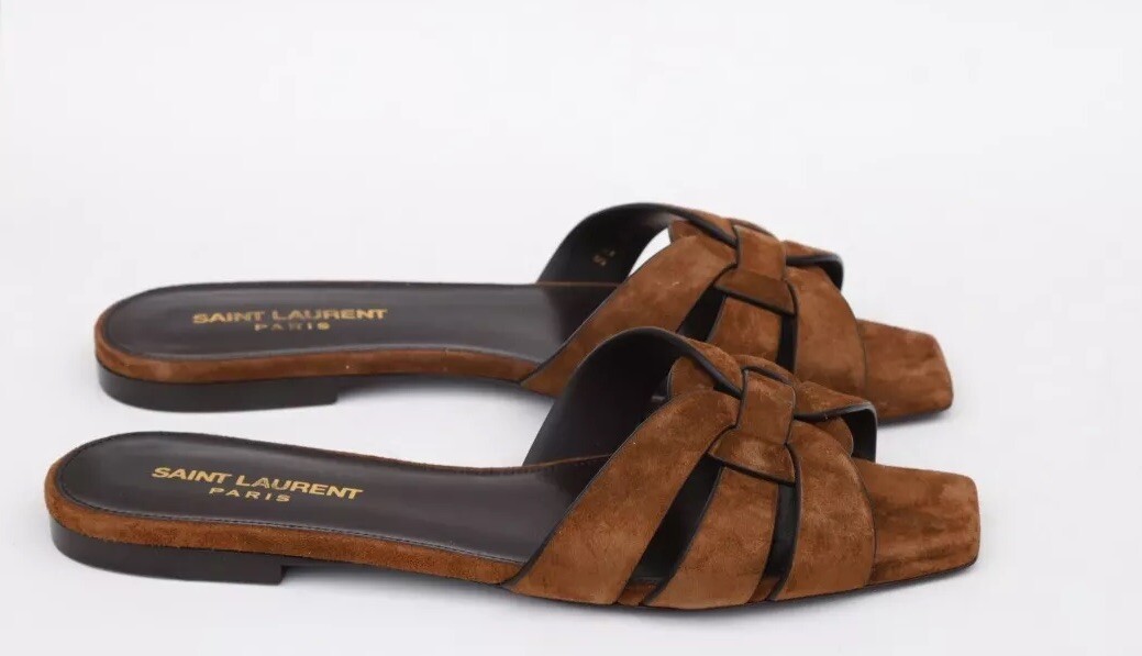 Saint Laurent YSL Tribute Mules Slides da donna taglia 37 US 7 in camoscio marrone Land
