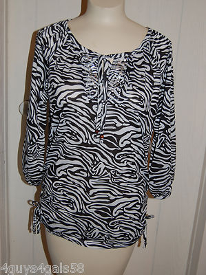 Womens Shirt Tunic PEASANT STYLE Black White ZEBRA 3/4 Sleeve 1X Cinched STUDDED