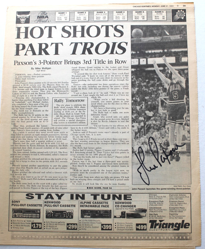 John Paxson Sun-Times Newspaper Photograph with Autograph, 6/21/1993, 3rd Title