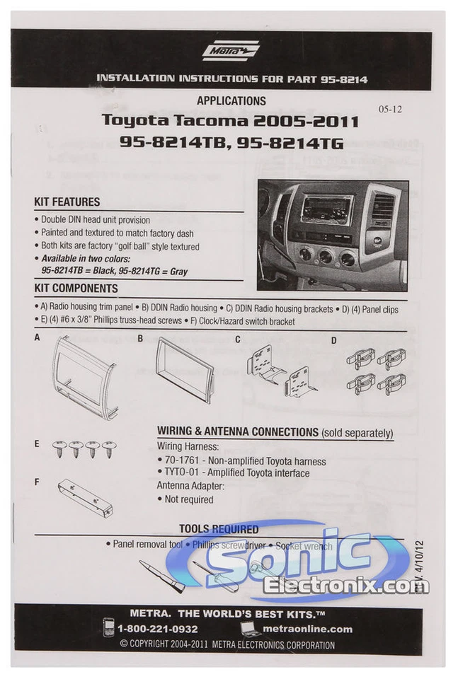 Kit de tablero de instalación doble DIN Metra 95-8214TG para Toyota Tacoma 2005-2011 selecto Foto 3 de 4