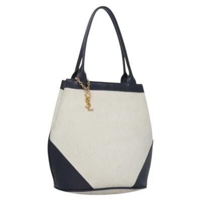 SAINT LAURENT Shoulder Bag Leather White Navy Auth bs23488