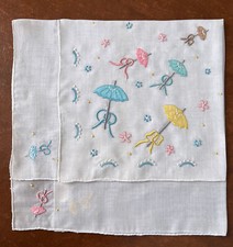 New Vtg Madeira Hand Embroidered  Applique Pastel Parasols Pink Blue Hankie