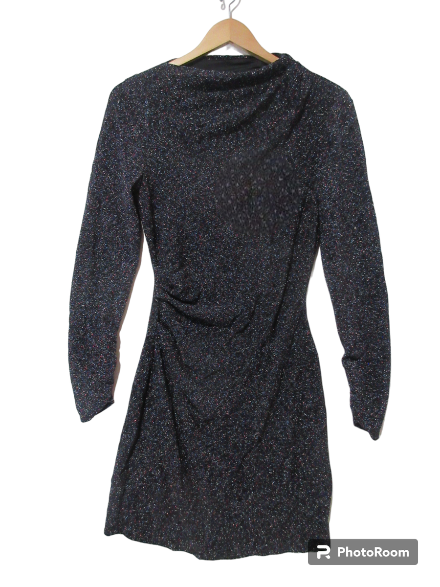 Sz 8 Donna Morgan SHIMMER METALLIC Black Pencil Bodycon Dress Ruched Long  Sleeve | eBay