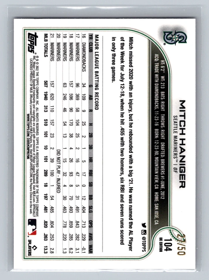 2022 Topps UK Edition Mitch Haniger 104 Purple Parallel /50 Mariners - Image 2 of 2