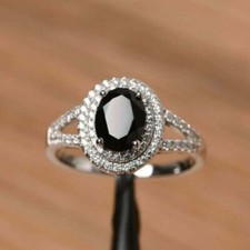 2.19ct Oval Lab Created Black Onyx Double Halo Womens Engagement Ring 925 Silver