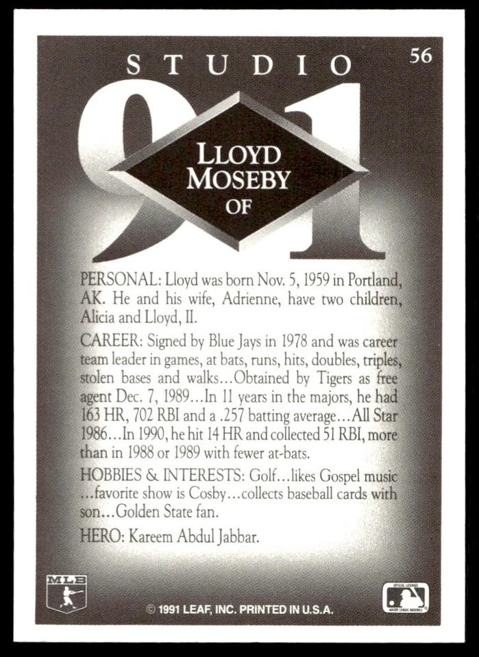 1991 Studio Lloyd Moseby Detroit Tigers #56 - Image 2 of 2