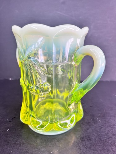 Vaseline Topaz Opalescent Glass Spooner Vase W Handles Cherry Cable by Mosser - Picture 7 of 9