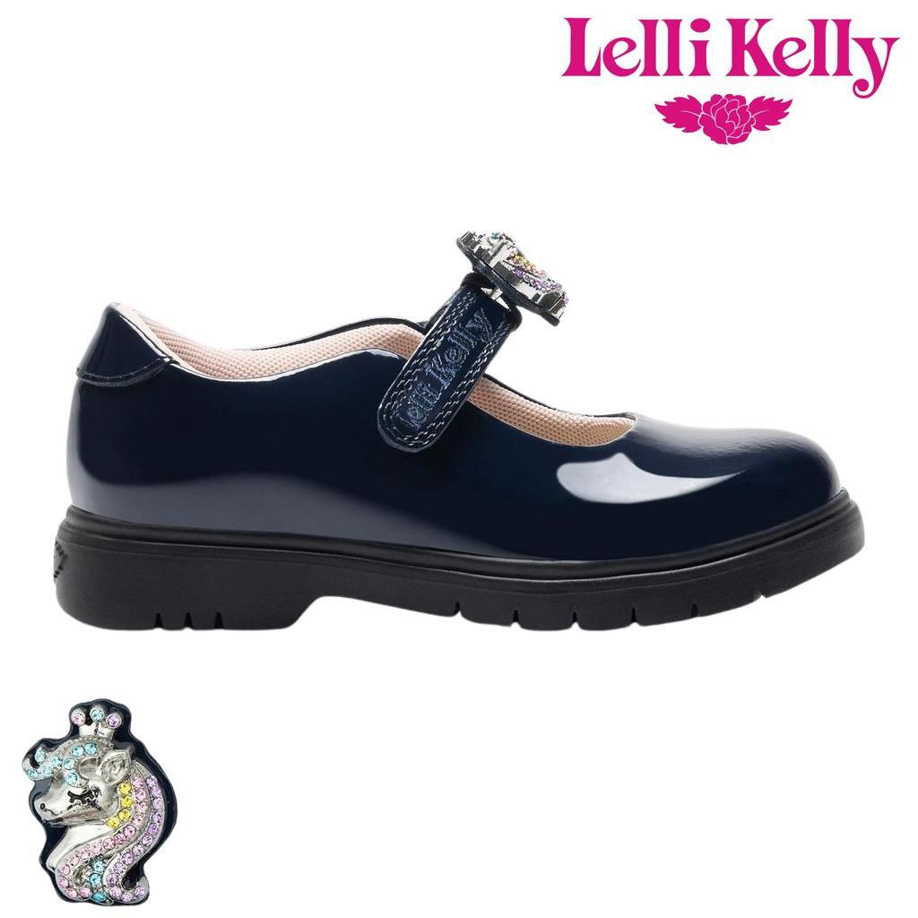 Lelli Kelly Girls Navy Blue Patent School Shoes Unicorn Charm LK8916  Bianca