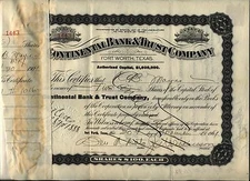 Continental Bank & Trust Stock Certificate Fort Worth Texas 1910's