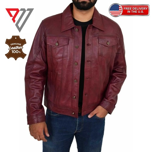 Men's Lambskin Burgundy Leather Slim Fit Full Sleeve Biker Casual Button Shirt - Picture 1 of 3