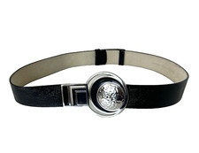Chico's Black Leather Belt Chunky Silver Circle Buckle Adjustable S/M  READ
