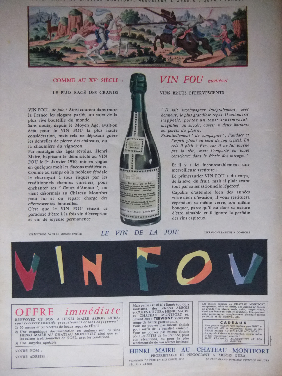 PUBLICITÉ PRESSE 1953 VIN FOU EFFERVESCENT MÉDIÉVAL VIN DE LA JOIE