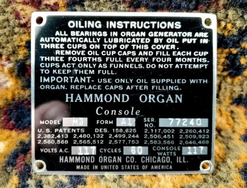Vintage HAMMOND Organ Model & Serial No. Plate Model M3 Ser. 77240 - Afbeelding 1 van 1