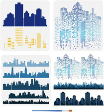 3-Piece City Buildings Painting Stencil Set with Brush, 11.8x11.8
