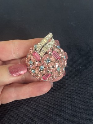 Beautiful Vintage Pink Blue Gemstone Brooch Marked Austria