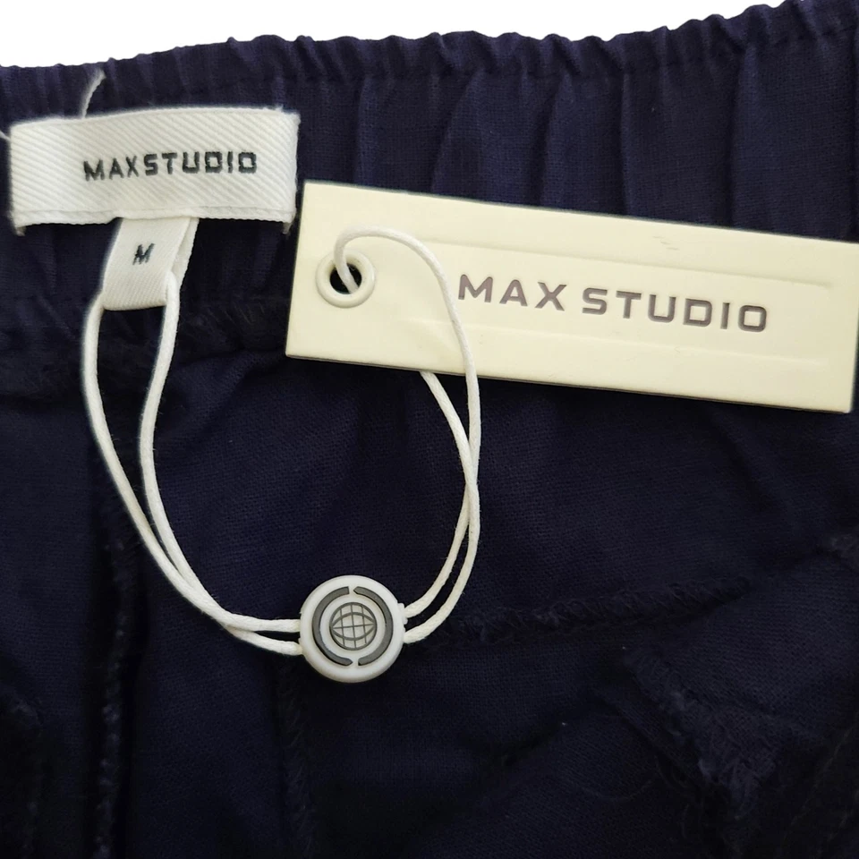 MAX STUDIO Pantalones Cortos Informales Mezcla Lino Azul Marino Botón Lateral Talla M NUEVO Foto 4 de 4