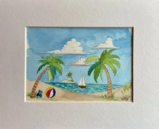 Carribean Beach Art original folk art watercolor painting signed sail boat