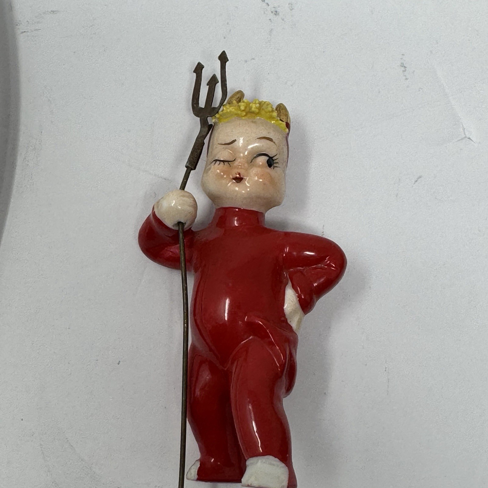 Set of 2 Vintage Japan Pixie Elves Red Devil Pitchfork Ceramic Mini Figurines