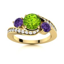Three Stone Peridot  Amethyst Round 925 Sterling Silver Gold Plated Women Ring
