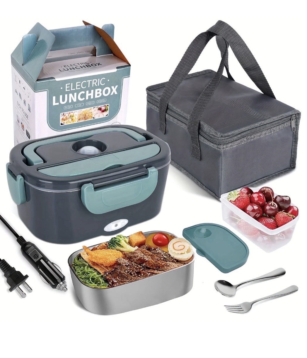 Electric Lunch Box Portable Food Warmer Gray Stainless Steel Tray Bag Spoon Fork