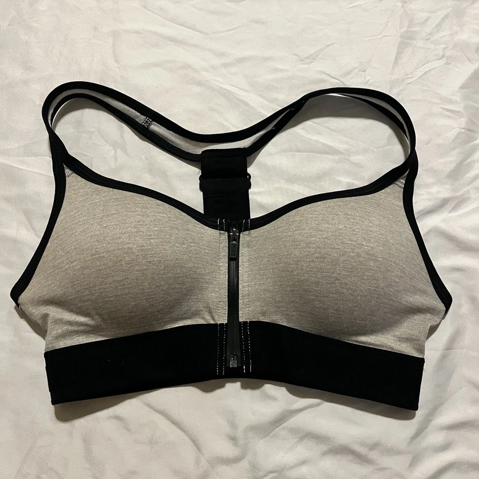 PINK VS Ultimate Front Zip Push Up Athletic Sports Bra Grey/Black XS Racerback - Image 2 of 4