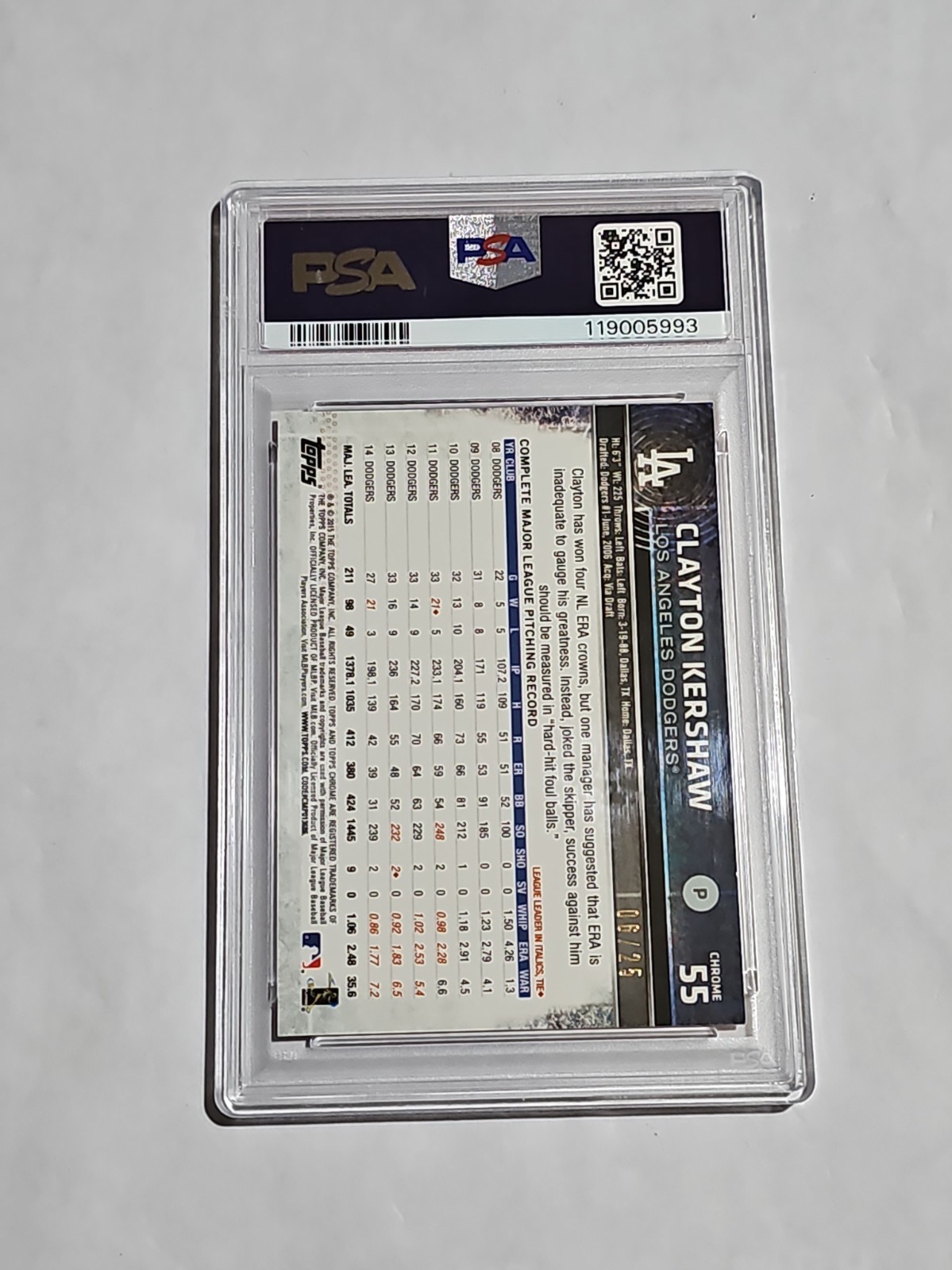 2015 Topps Chrome Clayton Kershaw Orange Refractor PSA 9 view 5
