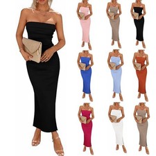 Women's Spring Summer Best-Seller Side Slit Strapless Bodycon Ribbed Maxi Dress