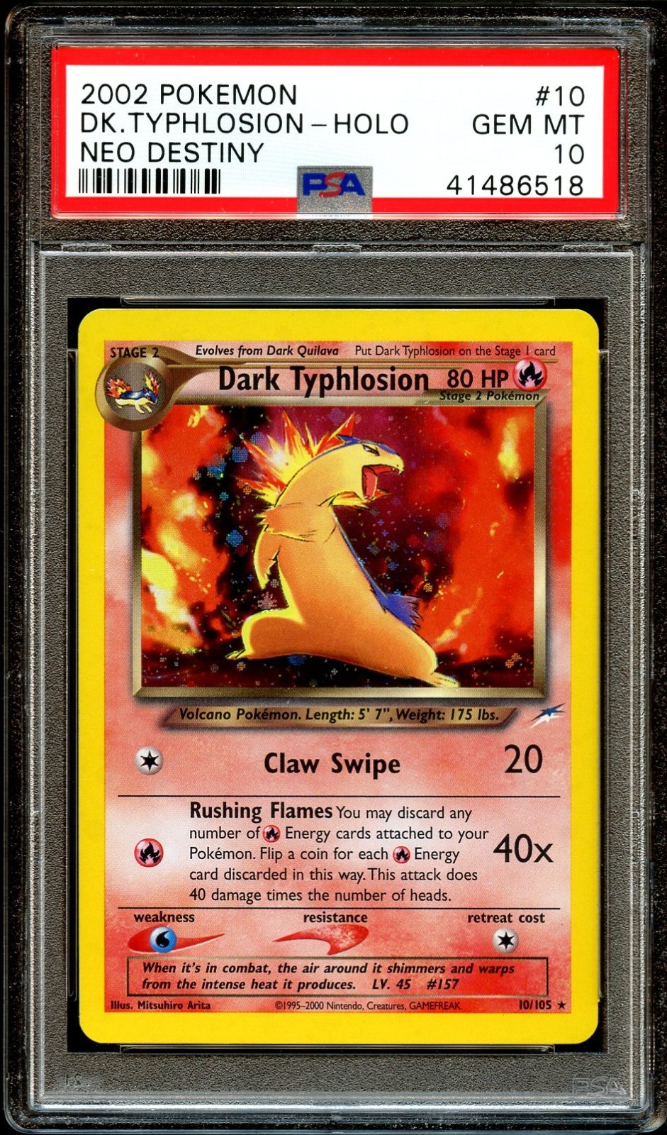 PSA 10 GEM MINT Dark Typhlosion 10/105 HOLO Neo Destiny RARE Pokemon Card