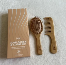 Hairbrush & Comb Set NaturalBamboo Bristle Paddle Brush & Bamboo Wide Tooth Comb