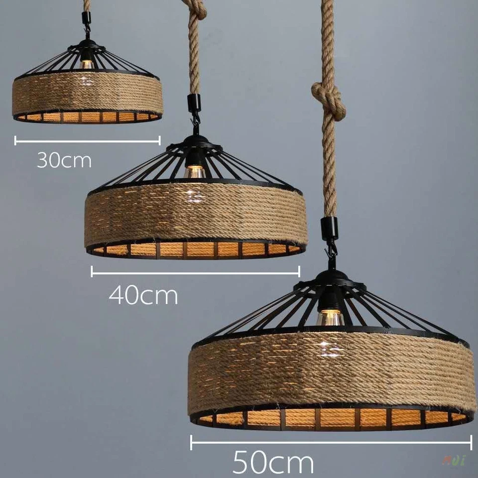Retro Hemp Rope Pendant Lamp LED Restaurant Chandelier Shop Ceiling Lights - Image 2 of 4