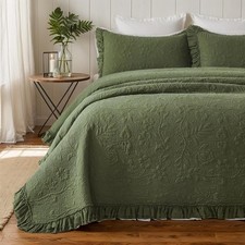 Queen Size Quilt Set Cotton Olive Green Vintage Floral and Vines Matelasse