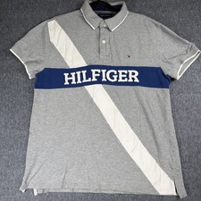 Tommy Hilfiger Polo Shirt Men L Grey Blue Golf Classic Spellout Logo