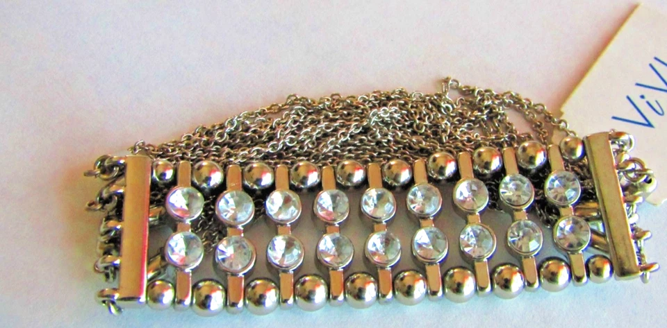 Pulsera elástica de eslabones punteados ViVI NUEVA CON ETIQUETAS $34 cadena de cristal sintético transparente plateado Foto 2 de 4
