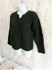 CARRAIG DONN Small Dark Green V Neck Pullover Sweater Cable Knit Ireland