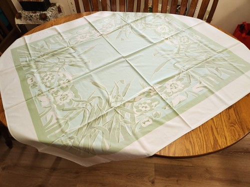 Vintage Lovely Summer Tablecloth: Light Green w/ Cattails & White Flowers